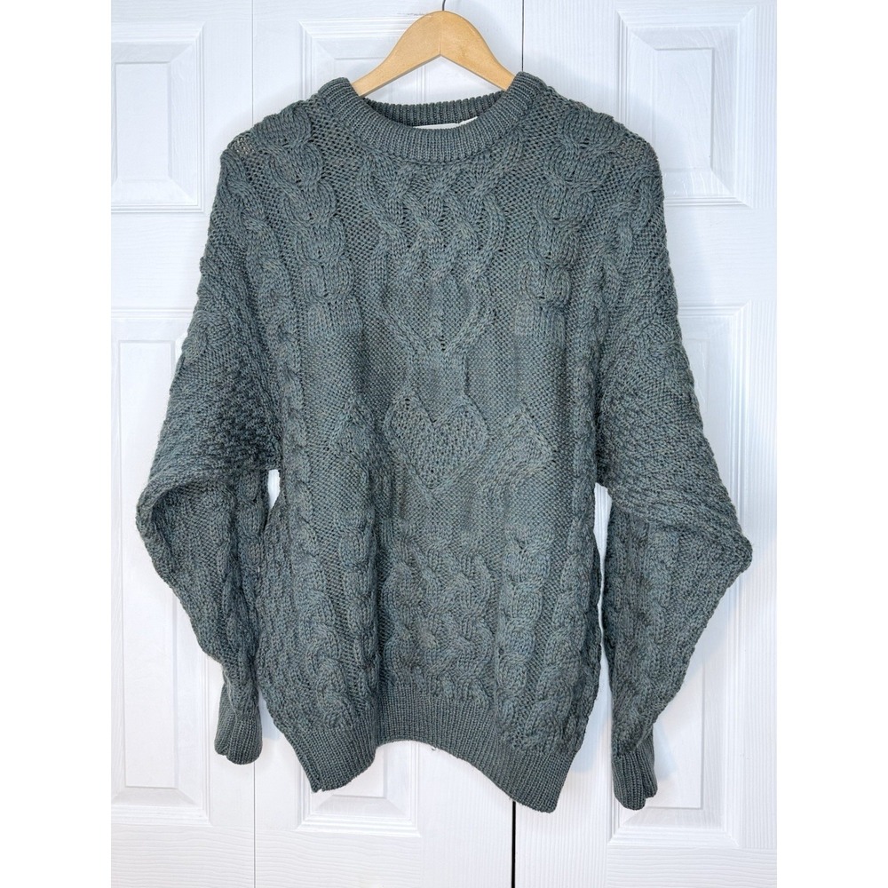 Beautiful Aran Crafts Ireland‎ 100% Wool Sweater Small Green Chunky Fisherman